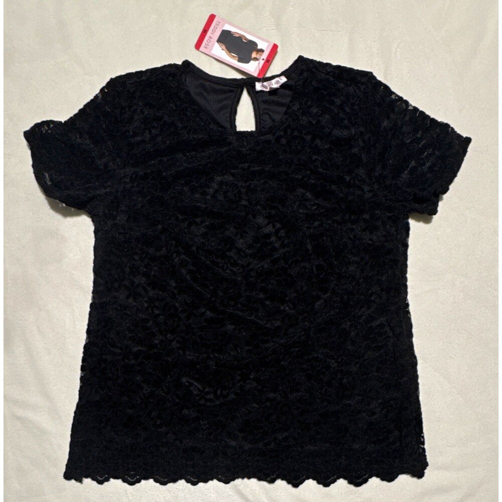 Teddi Rose Women’s Black Floral Lace Round Neck Keyhole Short Sleeve Top M